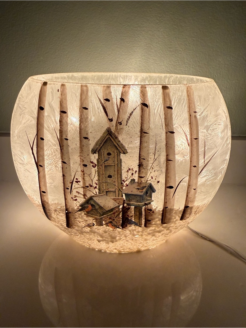 Stony Creek Lighted Glass Vase Winter Birdhouse Birch Barb Tourtillotte